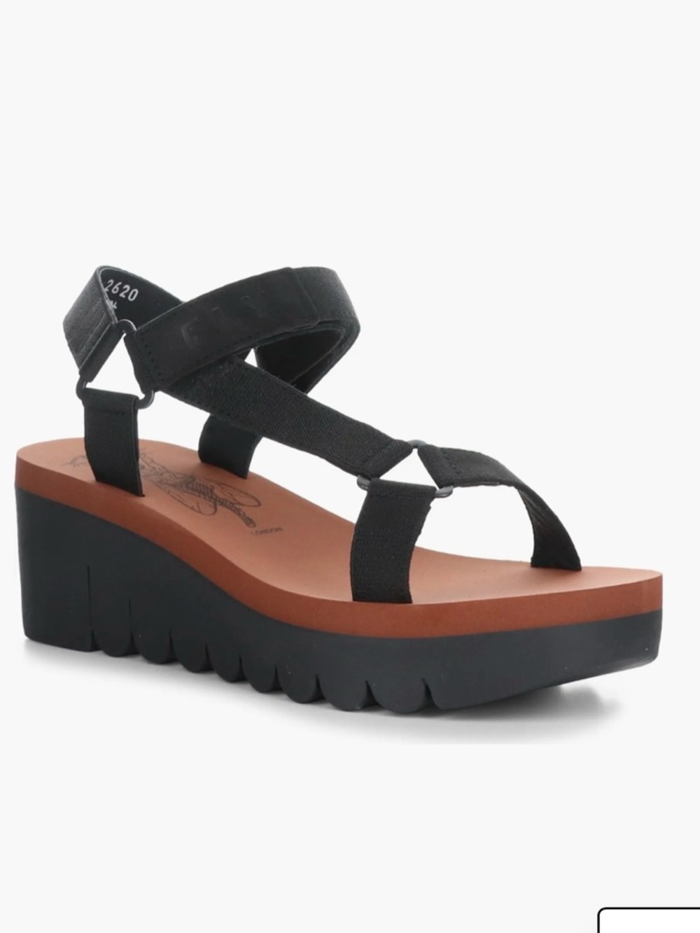 FLY LONDON Yefa Wedge Black Strappy Platform Wedge Sandal 41
